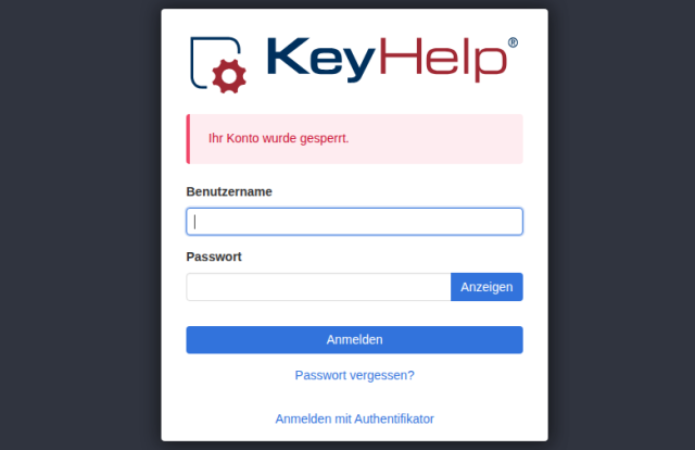KeyHelp-Anmeldeseite mit der roten Meldung Ihr Konto wurde gesperrt
