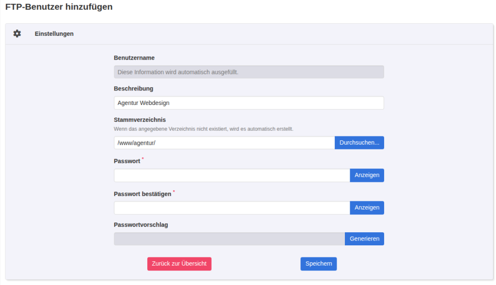 KeyHelp-Formular FTP-Benutzer hinzufügen mit automatisch ausgefülltem Benutzernamen, Beschreibung Agentur Webdesign, Stammverzeichnis /www/agentur/ und leeren Passwortfeldern