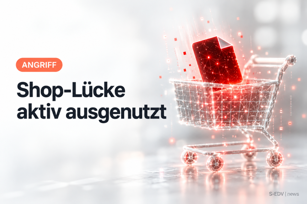 Symbolbild: Einkaufswagen aus Lichtlinien mit gefährlicher Datei, Schriftzug Shop-Lücke aktiv ausgenutzt