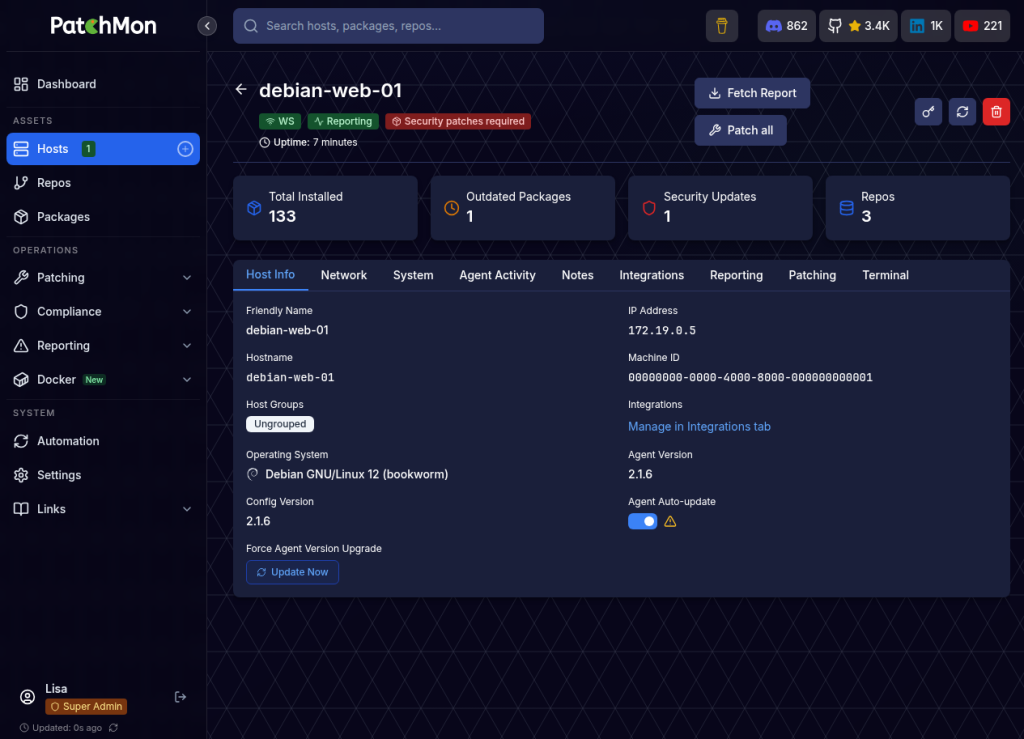 Detailseite des Debian-12-Hosts in PatchMon mit Agent-Version 2.1.6 und Paketzählern