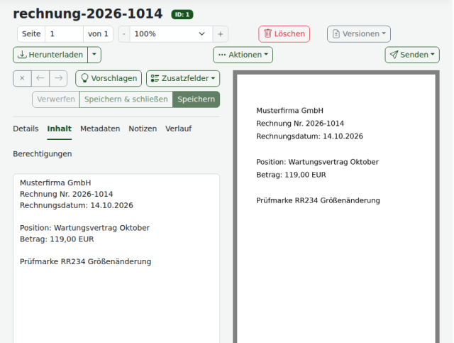 Paperless-ngx 3.3.1, Detailansicht der Testrechnung: Reiter Inhalt mit dem per OCR erkannten deutschen Text inklusive Umlauten, rechts die PDF-Vorschau