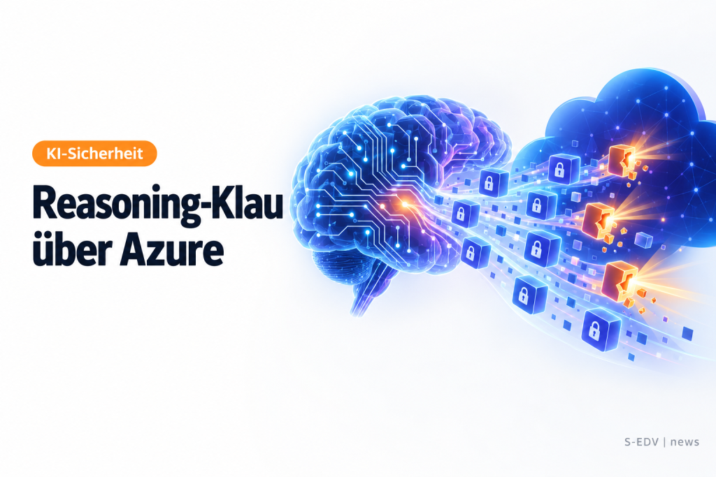 Illustration: verschlüsselte Datenblöcke fließen aus einem KI-Gehirn in eine Cloud, einige brechen auf; Schriftzug Reasoning-Klau über Azure