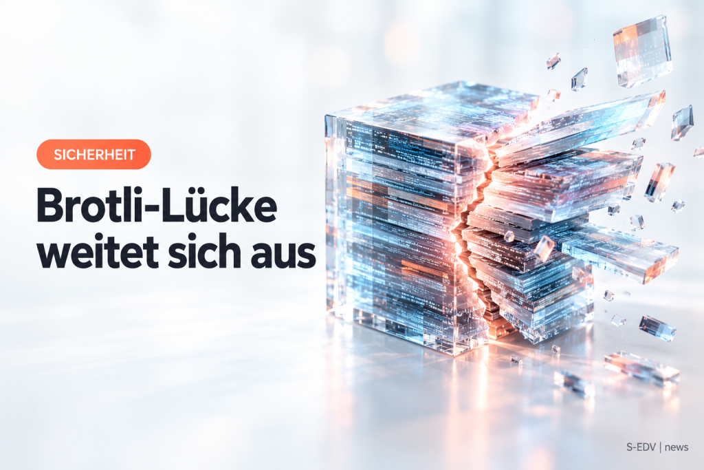 Glaswürfel aus geschichteten Datenplatten mit leuchtendem Riss, daneben die Überschrift Brotli-Lücke weitet sich aus