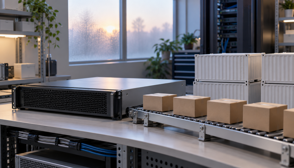 Rack-Server neben einer Rollenbahn mit Paketen und gestapelten Mini-Containern als Sinnbild für automatische Updates