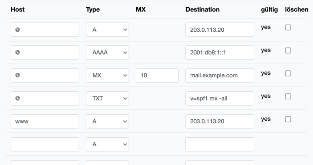 DNS-Einträge im netcup CCP mit Host, Type, MX, Destination, gültig und löschen