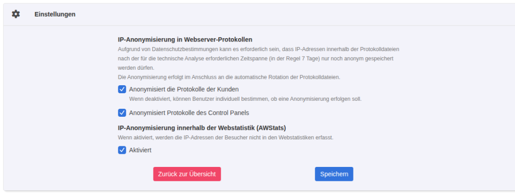 KeyHelp-Einstellungen Datenschutz mit aktivierten Optionen Anonymisiert die Protokolle der Kunden, Anonymisiert Protokolle des Control Panels und IP-Anonymisierung innerhalb der Webstatistik