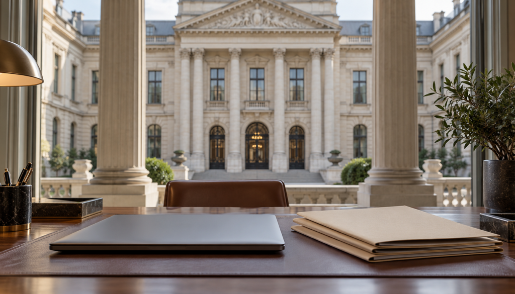 Schreibtisch mit zugeklapptem Laptop und Mappen, durch Säulen Blick auf ein prunkvolles klassizistisches Gebäude