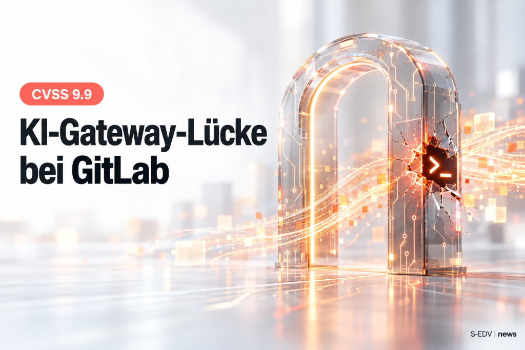 Gläserner Torbogen mit Schaltkreislinien und gebrochenem Segment, aus dem ein Kommandozeilen-Symbol austritt, daneben die Überschrift KI-Gateway-Lücke bei GitLab