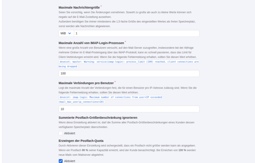 KeyHelp-Konfiguration E-Mail-Server mit Maximale Nachrichtengröße 1 MiB, IMAP-Limits, der Option Summierte Postfach-Größenbeschränkung ignorieren und der aktivierten Option Erzwingen der Postfach-Quota