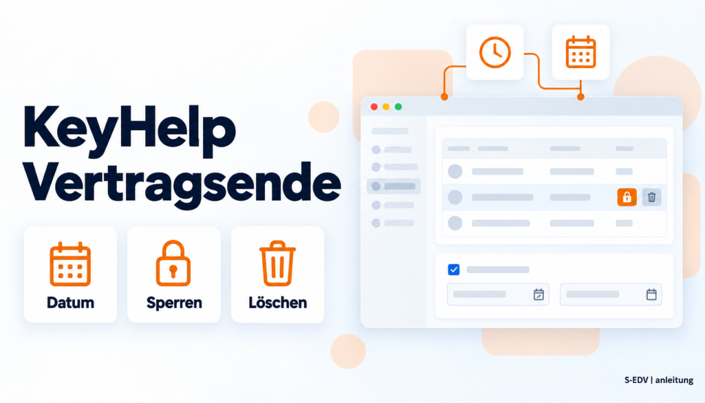 Illustration eines Hosting-Panels mit Kalender, Schloss und Mülleimer für geplante Kontosperren