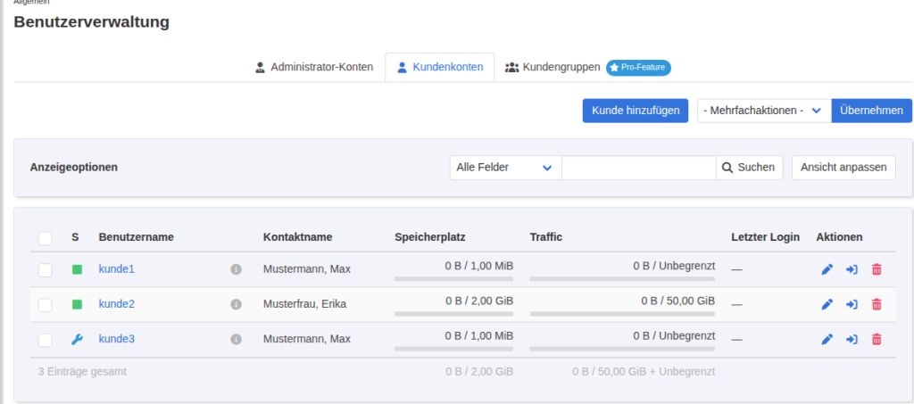 KeyHelp-Kundenübersicht mit kunde2 bei 2 GiB nach Vorlage Starter und kunde3 mit nur 1 MiB, weil die Vorlage nicht übernommen wurde
