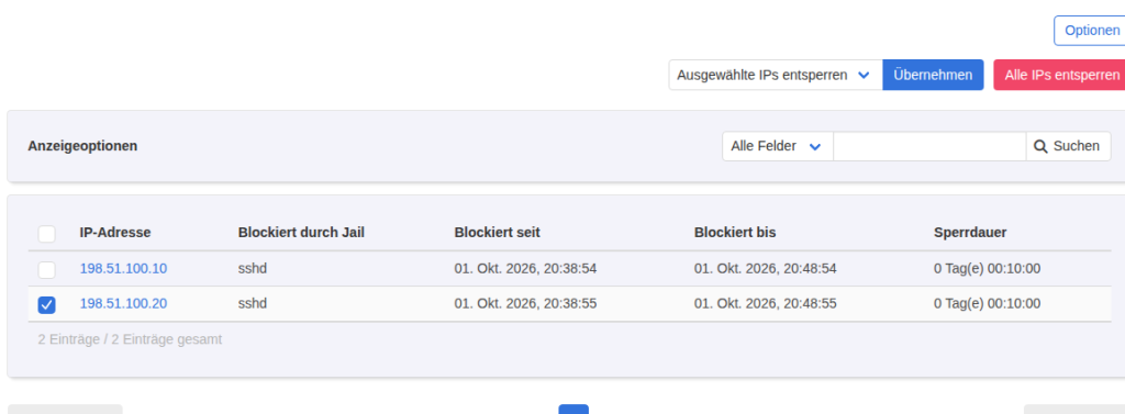 Fail2Ban-Verwaltung mit zwei gesperrten Adressen, eine davon ausgewählt, Mehrfachaktion Ausgewählte IPs entsperren und Schaltfläche Alle IPs entsperren