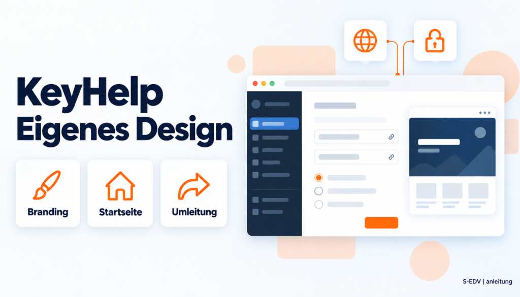 Illustration eines Hosting-Panels mit der Überschrift KeyHelp Eigenes Design und den Karten Branding, Startseite, Umleitung