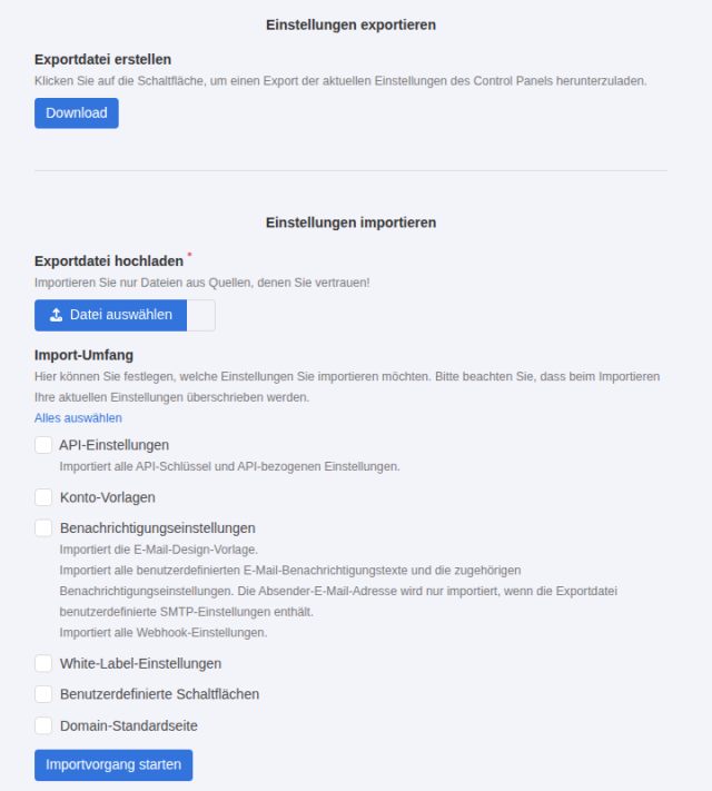 KeyHelp Seite Einstellungen Importieren/Exportieren mit Download-Schaltfläche, Datei-Upload und den sechs Kontrollkästchen des Import-Umfangs
