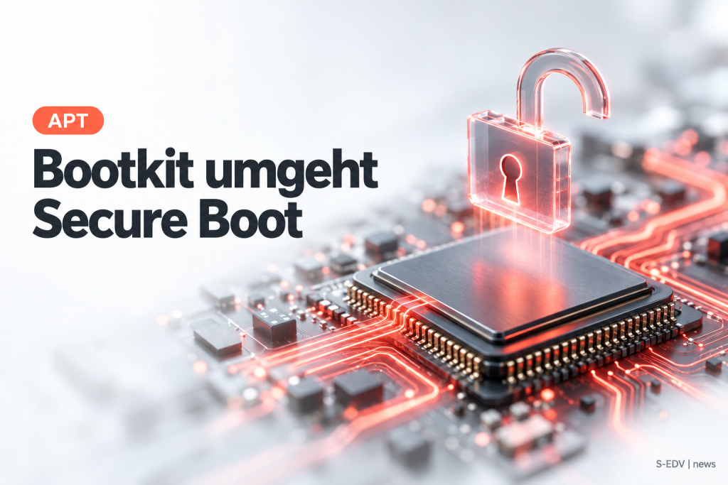 Symbolbild: Firmware-Chip auf einer Hauptplatine mit offenem Schloss und Überschrift Bootkit umgeht Secure Boot