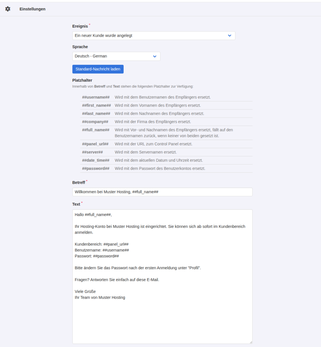 KeyHelp-Formular Individuelle Nachricht hinzufügen für das Ereignis Ein neuer Kunde wurde angelegt mit Platzhalterliste und angepasstem Willkommenstext