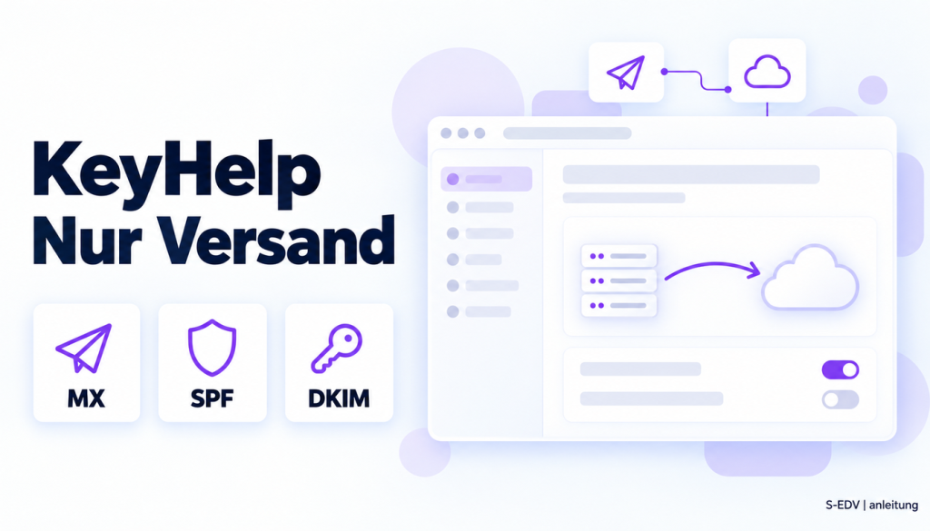 Illustration eines Hosting-Panels mit der Überschrift KeyHelp Nur Versand und den Karten MX, SPF, DKIM