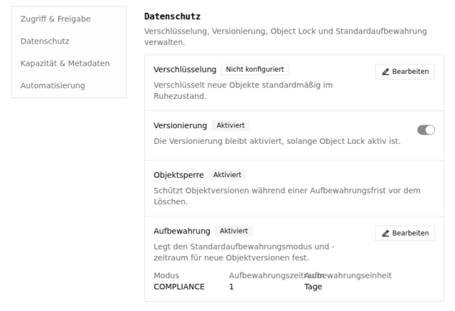 RustFS-Bucket-Einstellungen, Bereich Datenschutz mit aktivierter Versionierung, Objektsperre und Aufbewahrung im Modus COMPLIANCE für 1 Tag