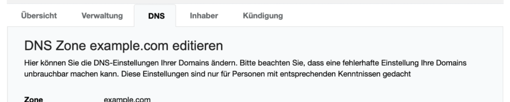 Reiter DNS im netcup CCP mit Überschrift DNS Zone example.com editieren