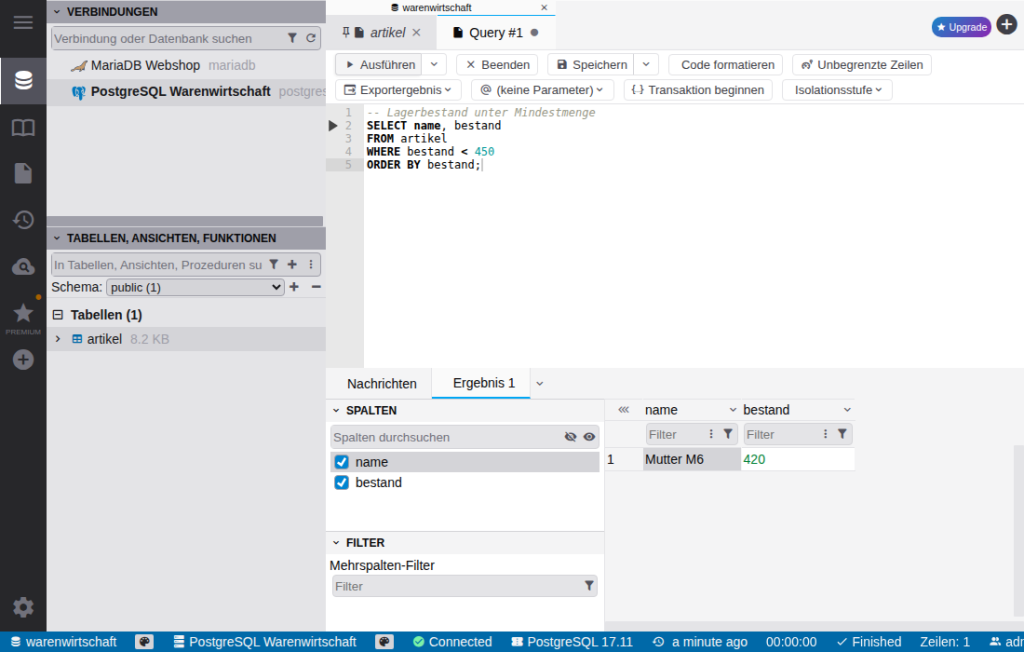 SQL-Editor in DbGate mit einer Abfrage auf Artikel unter Mindestbestand und einer Ergebniszeile