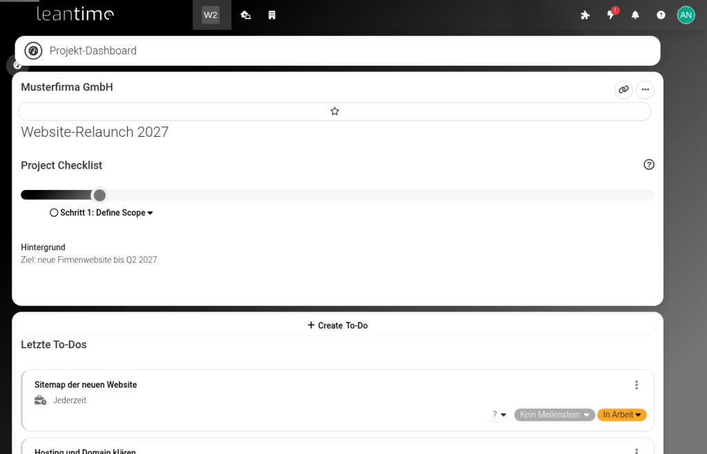 Leantime-Projekt-Dashboard des Projekts Website-Relaunch 2027 mit Zielbeschreibung und Liste der letzten To-Dos