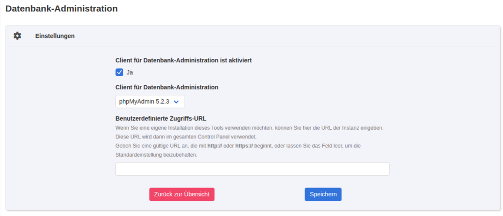 KeyHelp-Konfiguration Datenbank-Administration mit aktiviertem Client, Auswahl phpMyAdmin 5.2.3 und leerem Feld Benutzerdefinierte Zugriffs-URL
