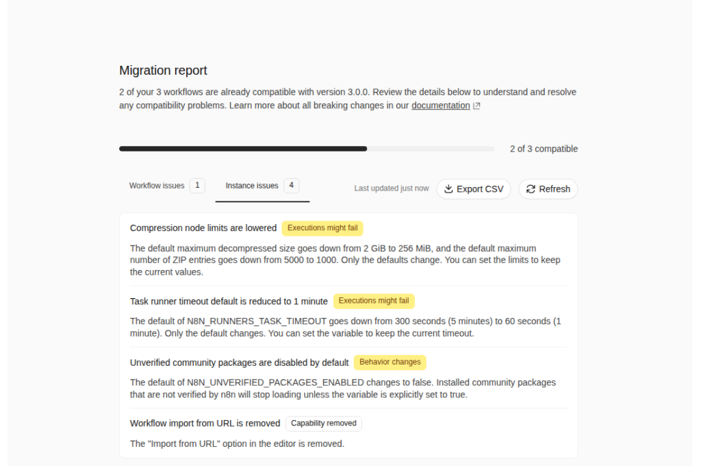 Migration Report in n8n 2.46.0 mit vier Instanz-Hinweisen zu Compression-Node, Task-Runner-Timeout, Community-Paketen und Import per URL