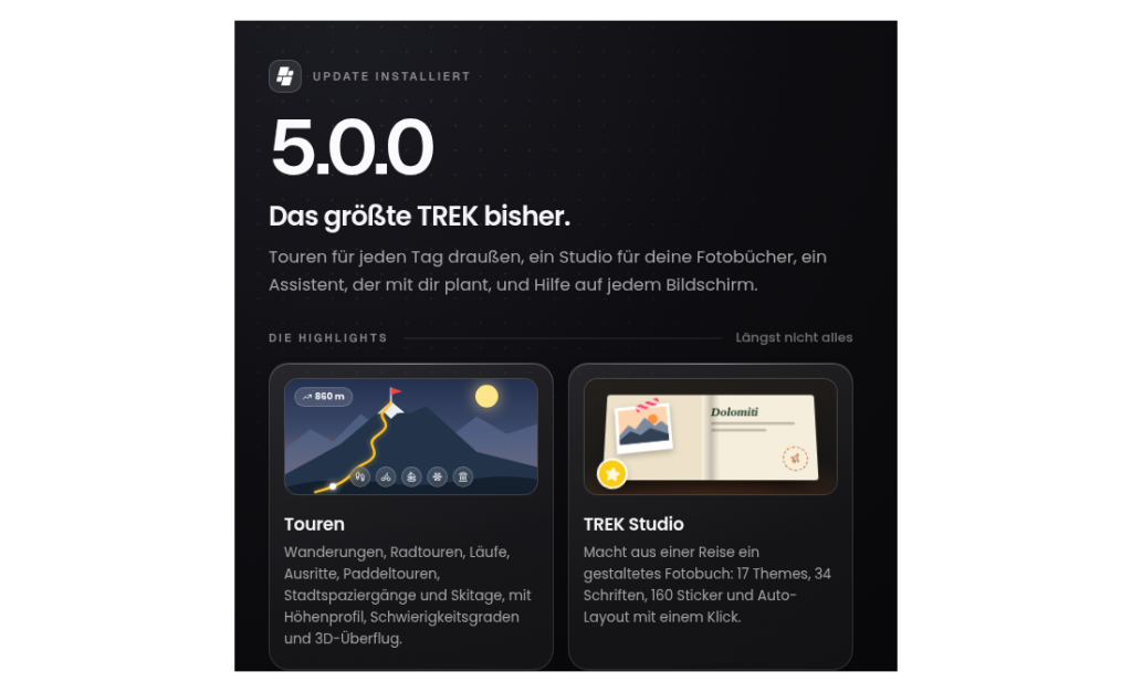 Hinweisdialog von TREK nach dem Update mit der Versionsnummer 5.0.0 und den Neuerungen Touren und TREK Studio