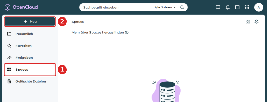 OpenCloud-Weboberfläche: Menüpunkt Spaces in der Seitenleiste (1) und Schaltfläche Neu (2)