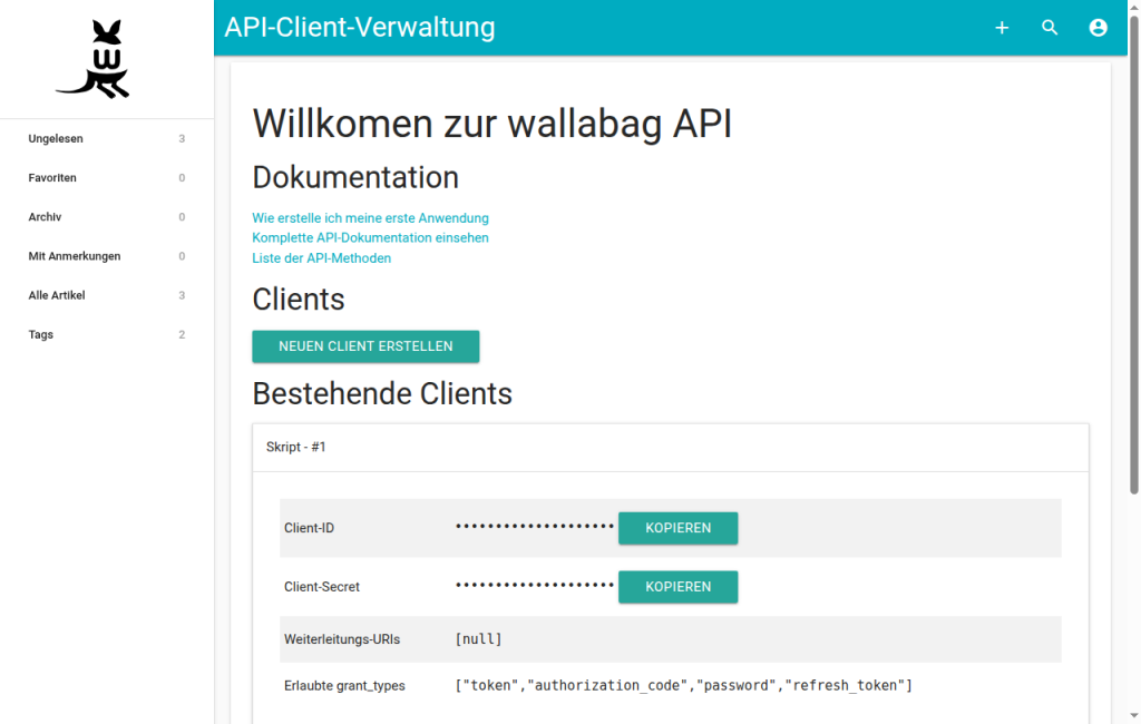 API-Client-Verwaltung von wallabag mit einem angelegten Client, Client-ID und Client-Secret sind unkenntlich gemacht