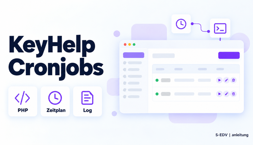 Illustration eines Hosting-Panels mit der Überschrift KeyHelp Geplante Aufgaben und den Karten PHP, Zeitplan, Log