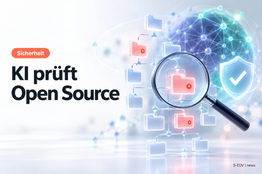 Illustration: Lupe prüft einen Code-Baum mit markierten Schwachstellen, daneben Schutzschild, Headline KI prüft Open Source
