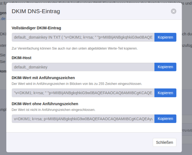 Dialog DKIM DNS-Eintrag in KeyHelp mit vollständigem Eintrag, DKIM-Host default._domainkey und dem DKIM-Wert mit und ohne Anführungszeichen, jeweils mit Kopieren-Schaltfläche