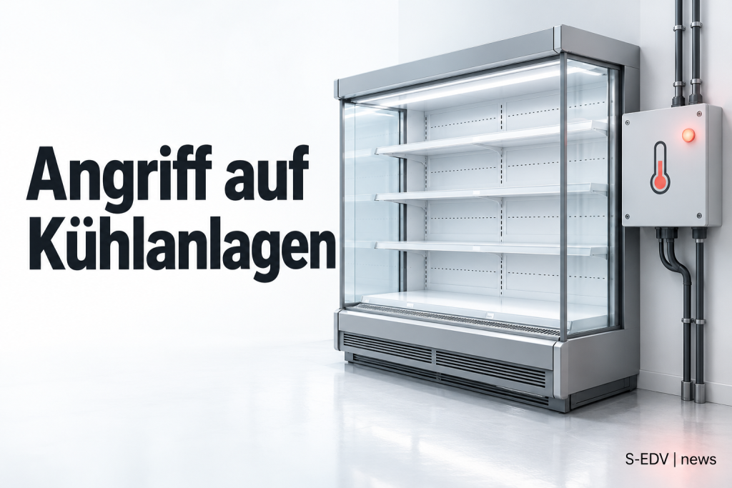 Leere Kühlvitrine und Steuergerät mit Temperaturwarnung zur News über angegriffene Kühlanlagen.