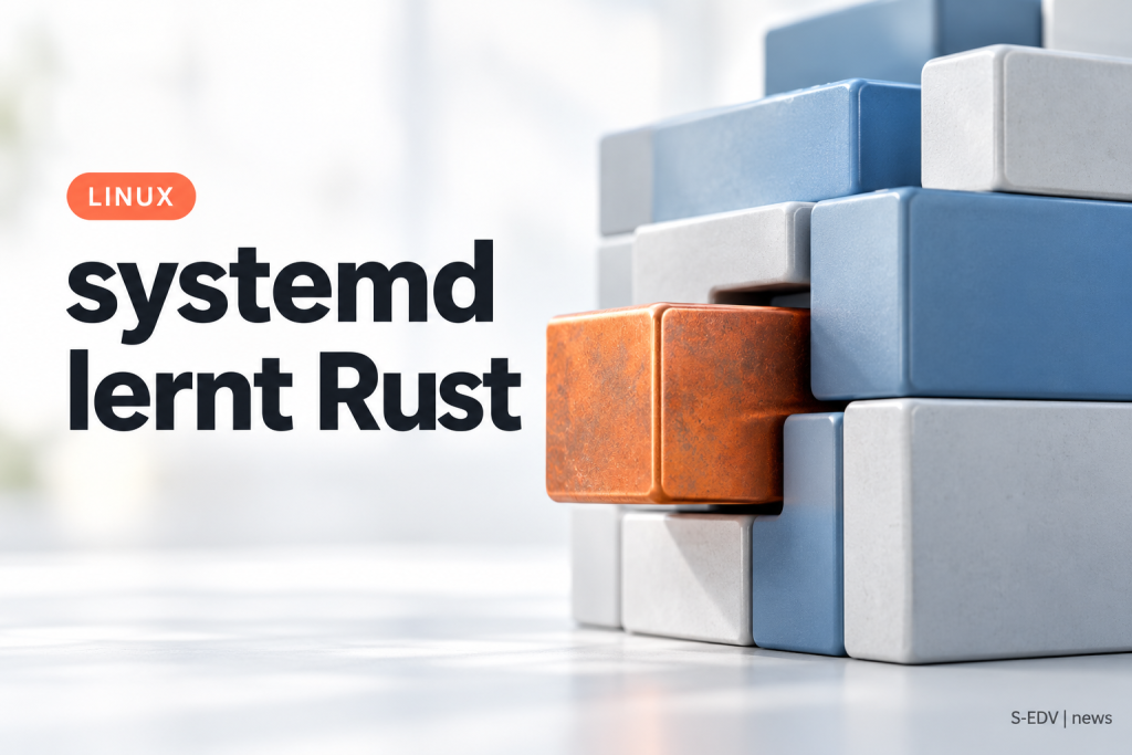 Graue und blaue Bausteine mit einem eingesetzten kupferfarbenen Block, daneben die Überschrift systemd lernt Rust