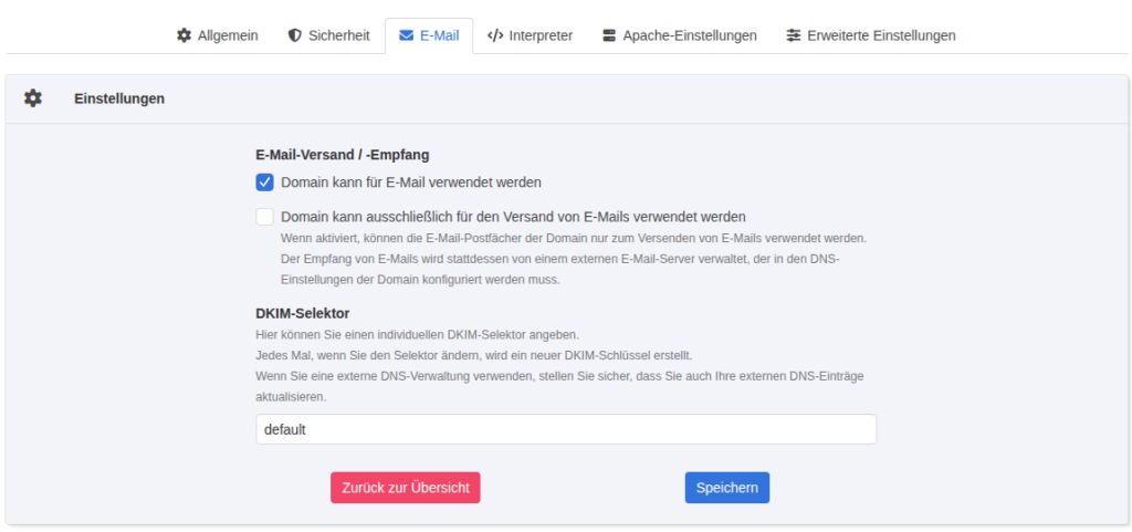 KeyHelp Domain bearbeiten, Reiter E-Mail mit den Optionen zu E-Mail-Versand und -Empfang und dem Feld DKIM-Selektor mit dem Wert default