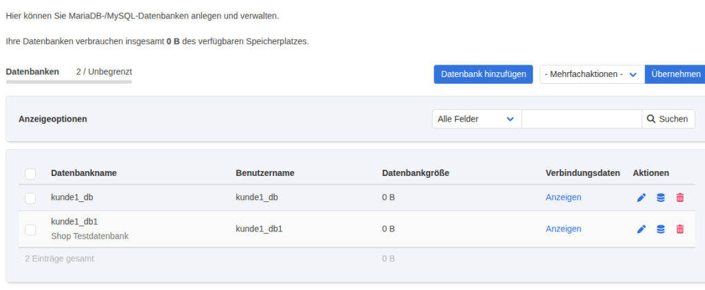 KeyHelp-Kundenbereich Datenbanken mit zwei Datenbanken kunde1_db und kunde1_db1 samt Beschreibung Shop Testdatenbank, Größe und Link Verbindungsdaten anzeigen