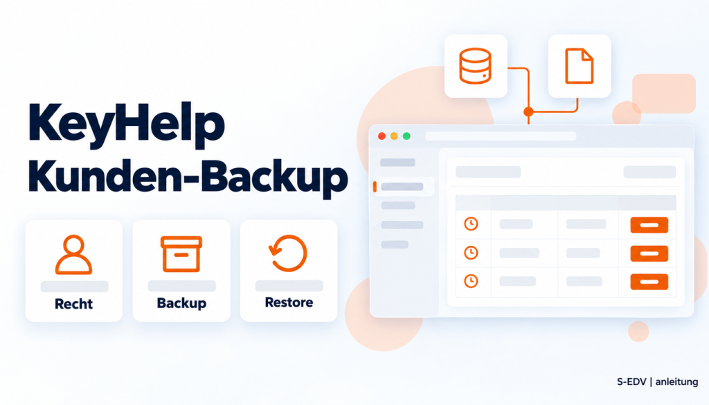 Illustration eines Hosting-Panels mit der Überschrift KeyHelp Kunden-Backup und den Karten Recht, Backup, Restore
