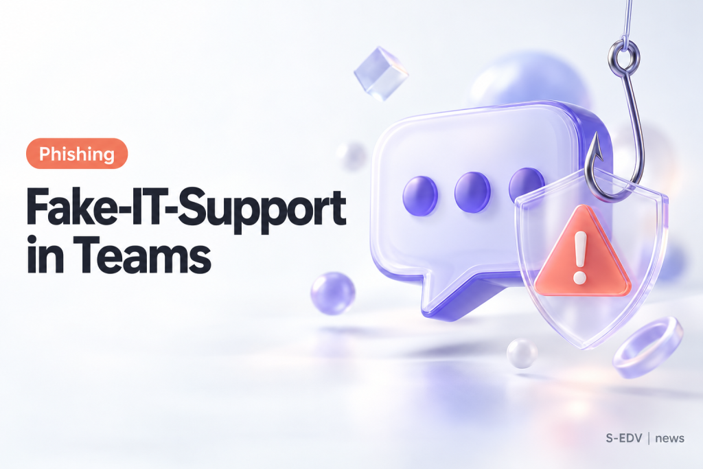 Symbolbild: Sprechblase mit Angelhaken und Warnschild neben der Überschrift Fake-IT-Support in Teams