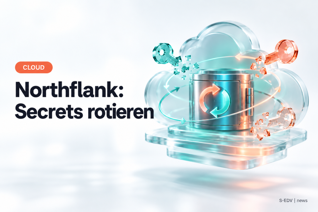 Symbolbild: Wolke aus Glas über einem Tresor mit kreisenden Pfeilen und zerbrechenden Schlüsseln, daneben die Überschrift Northflank: Secrets rotieren