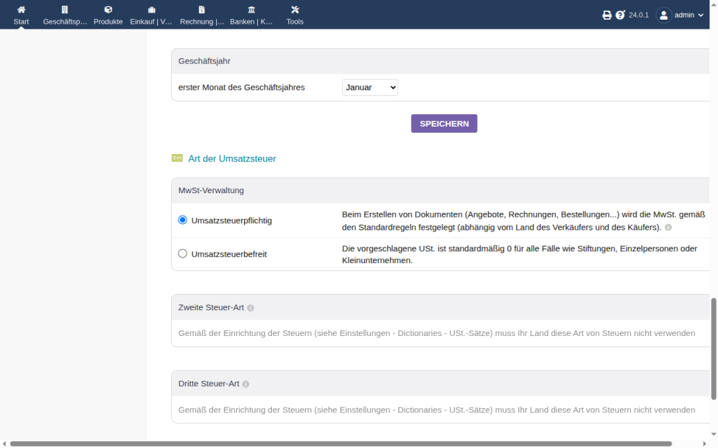 Dolibarr Firmeneinstellungen mit Abschnitt Art der Umsatzsteuer, Option Umsatzsteuerpflichtig ist gewählt