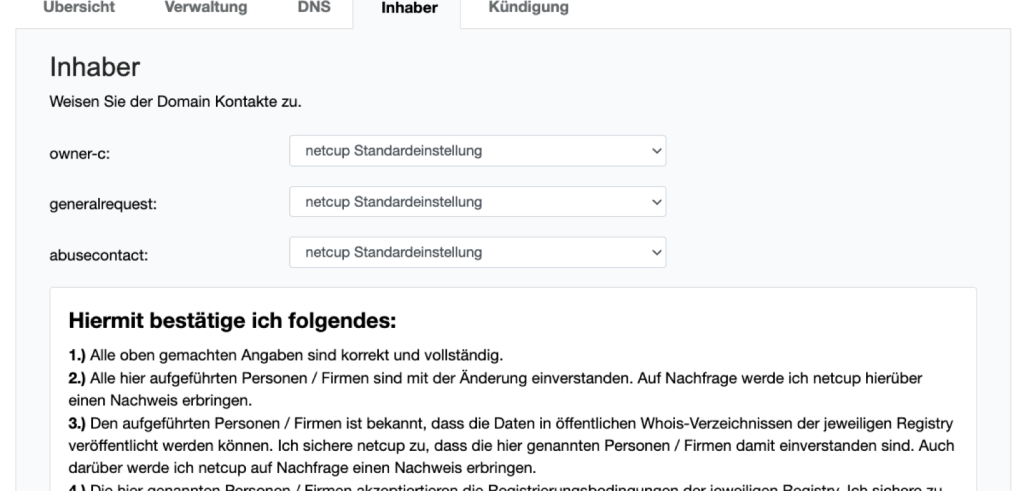 Tab Inhaber einer Domain im netcup CCP mit owner-c, generalrequest und abusecontact
