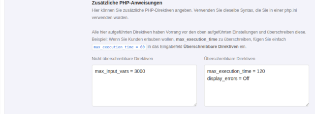 KeyHelp-Reiter PHP, Bereich Zusätzliche PHP-Anweisungen mit max_input_vars = 3000 als nicht überschreibbare und max_execution_time = 120 sowie display_errors = Off als überschreibbare Direktiven