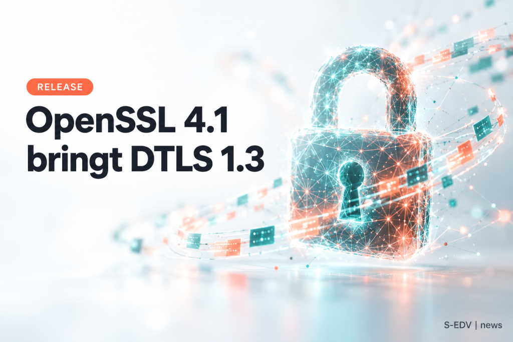 Symbolbild: Schloss aus geometrischen Linien mit verschlüsselten Datenpaketen und Überschrift OpenSSL 4.1 bringt DTLS 1.3