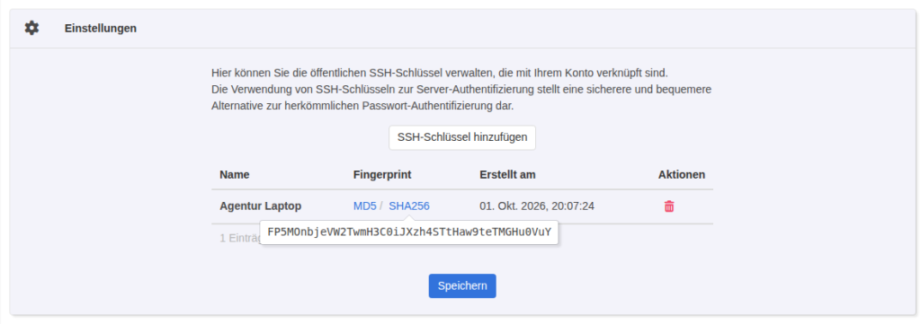 KeyHelp-Liste der SSH-Schlüssel mit dem Eintrag Agentur Laptop, den Fingerprint-Links MD5 und SHA256 und eingeblendetem SHA256-Fingerabdruck