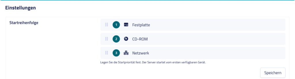 Startreihenfolge im netcup SCP mit Festplatte, CD-ROM und Netzwerk