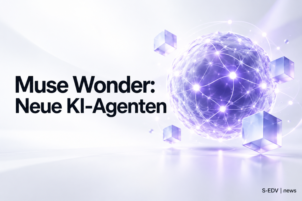 Abstraktes KI-Netzwerk mit der Überschrift Muse Wonder: Neue KI-Agenten