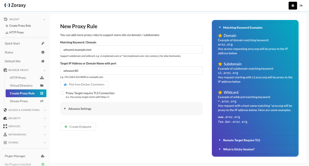 Zoraxy-Formular New Proxy Rule mit dem Hostnamen whoami.example.test und dem Ziel whoami:80