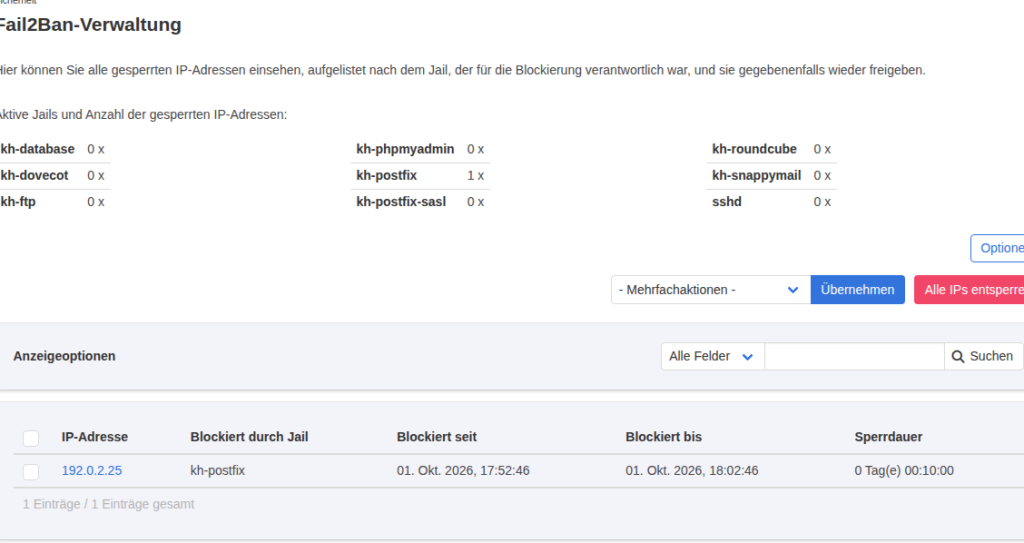 KeyHelp Fail2Ban-Verwaltung mit Liste der aktiven Jails, kh-postfix mit einer Sperre, und Tabelle mit der IP 192.0.2.25, gesperrt durch kh-postfix für 10 Minuten