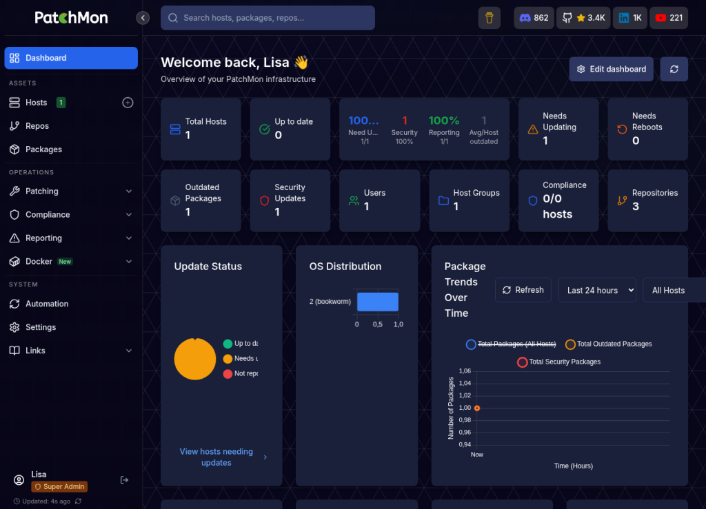 PatchMon-Dashboard mit einem angebundenen Host, offenen Paketupdates und einem Sicherheitsupdate